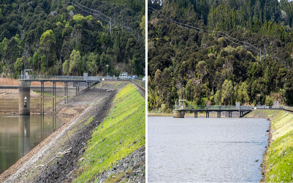 photo of lower nihotupu dam during the drought and after the october 2021 downpours